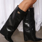 Croc-Effect Hardware Detail Folded Block Heel Knee High Long Boots - Black