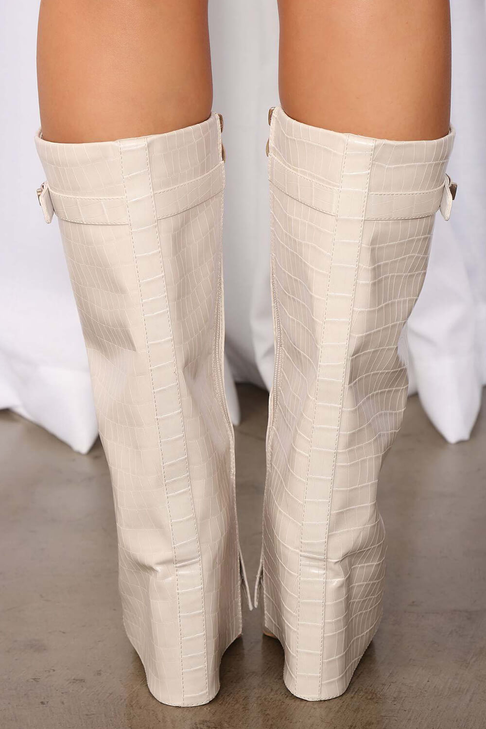 Croc-Effect Hardware Detail Folded Block Heel Knee High Long Boots - White