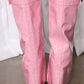 Croc-Effect Hardware Detail Folded Block Heel Knee High Long Boots - Pink