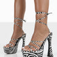 Zebra Satin Lace Up Square Toe Platform Party High Heels