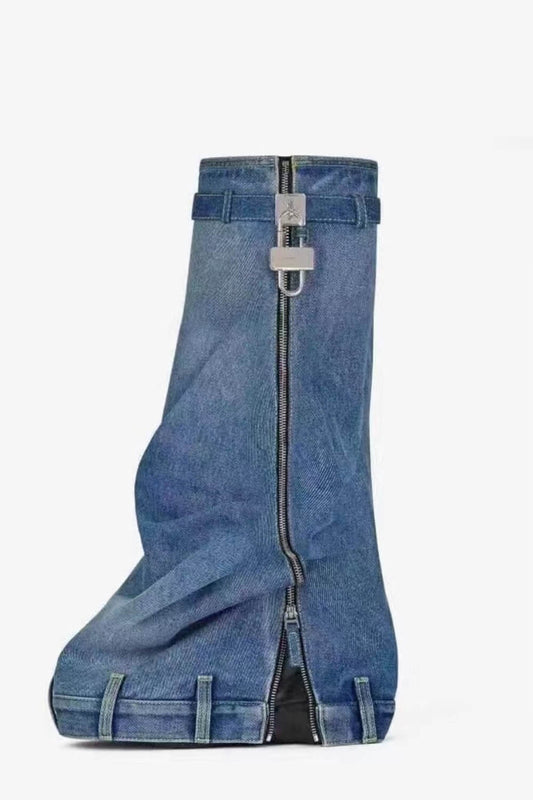 Wrapped Denim Padlock Detail Folded Wedge Heel Knee High Long Chunky Biker Boots