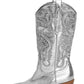 Silver Metallic Mid-Calf Western Cowboy Pointed Toe Block Heeled Boot