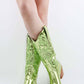 Green Metallic Mid-Calf Western Cowboy Pointed Toe Block Heeled Boot