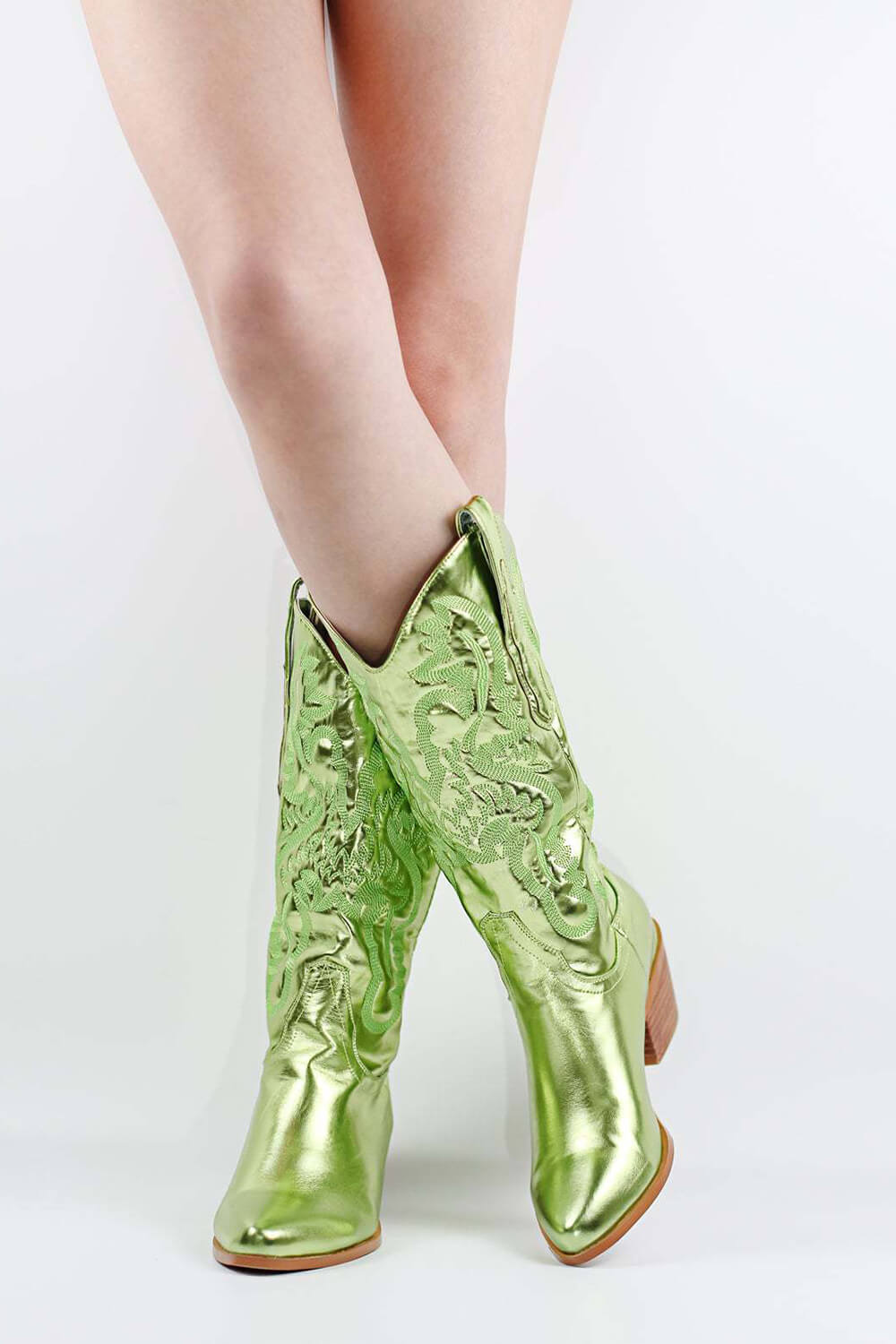 Green Metallic Mid-Calf Western Cowboy Pointed Toe Block Heeled Boot