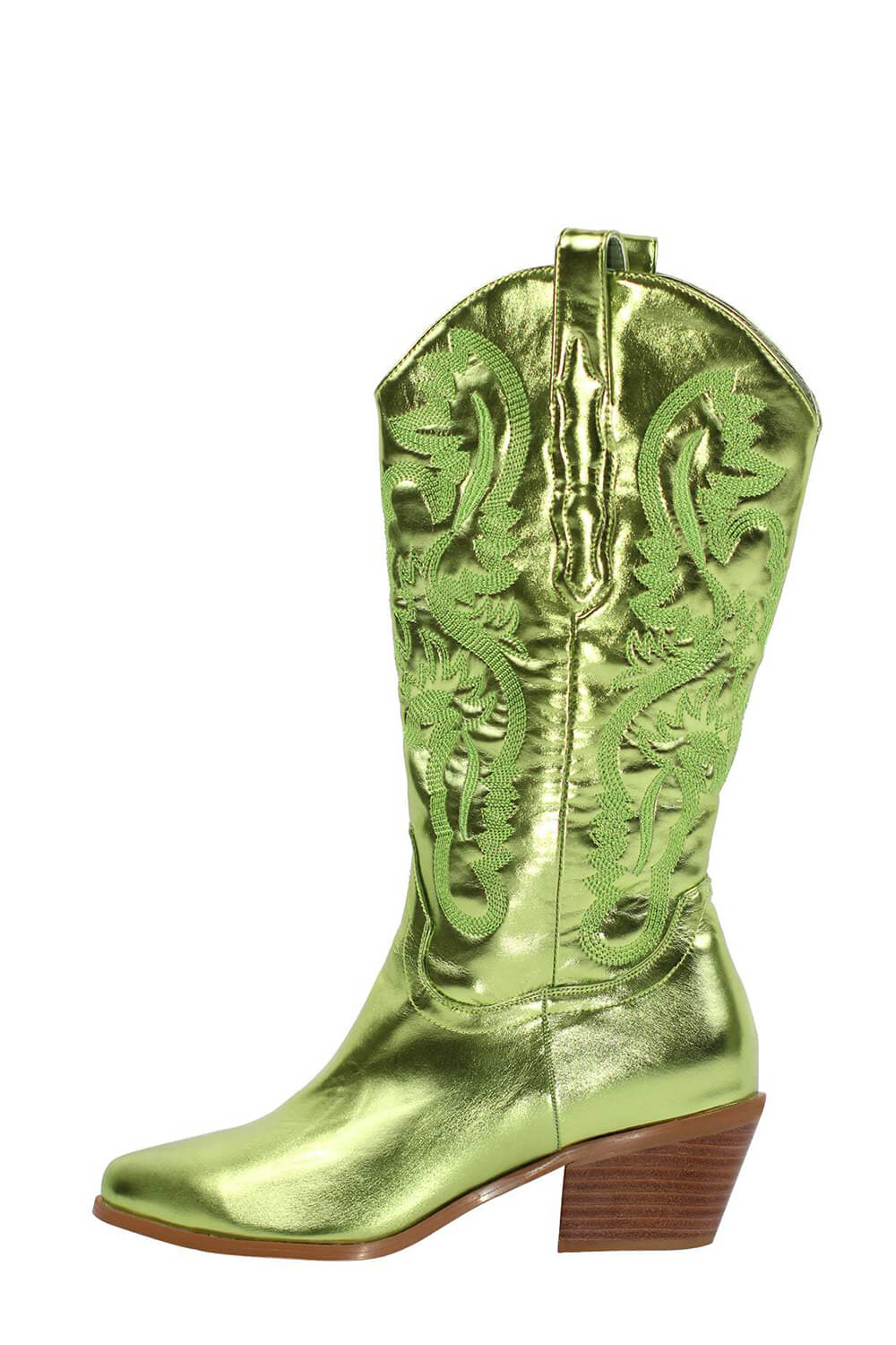 Green Metallic Mid-Calf Western Cowboy Pointed Toe Block Heeled Boot