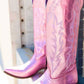 Pink Metallic Mid-Calf Western Cowboy Pointed Toe Block Heeled Boot