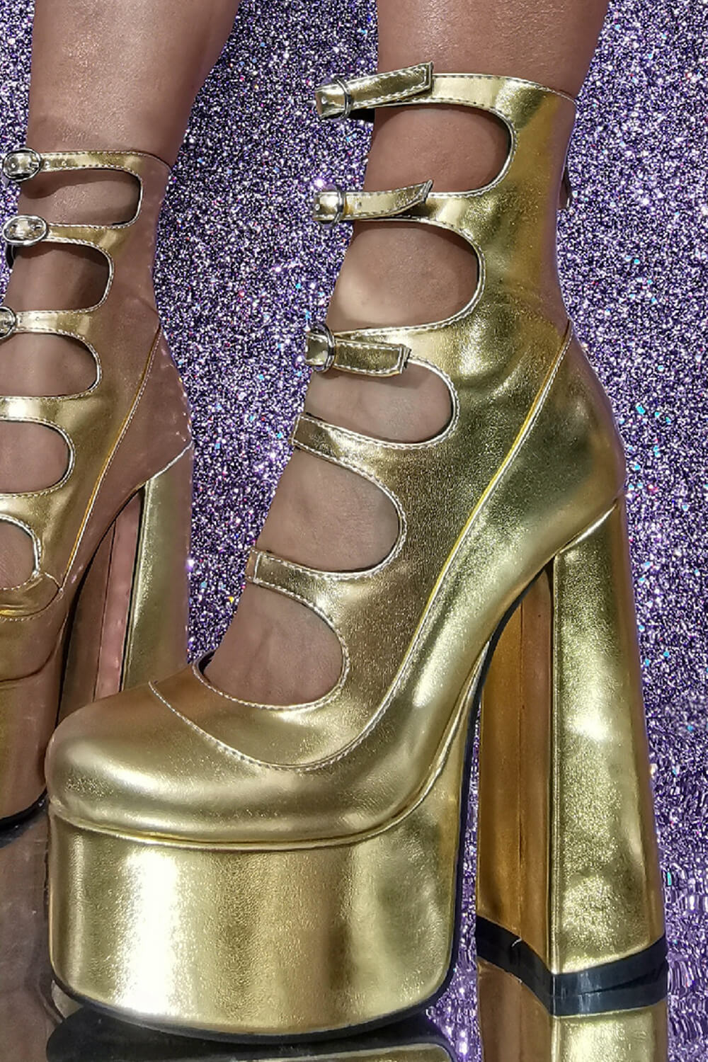 Gold Strappy Round Toe Platform Mary Jane Heels