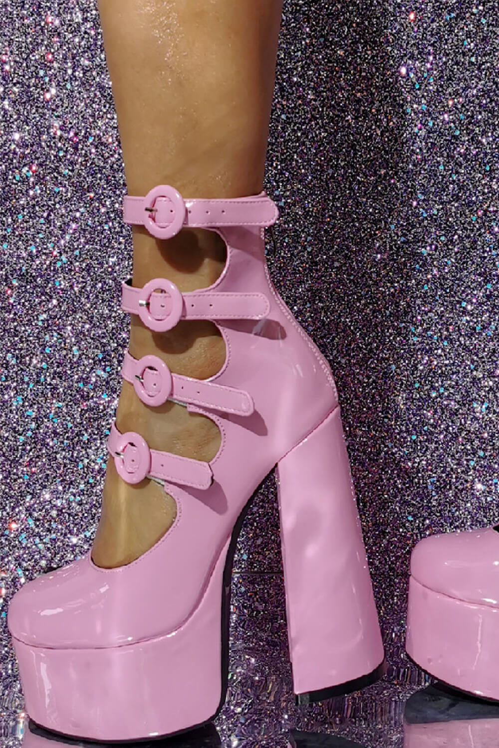 Pink Patent Strappy Bow Round Toe Platform Mary Jane Heels