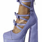 Lilac Patent Strappy Bow Round Toe Platform Mary Jane Heels