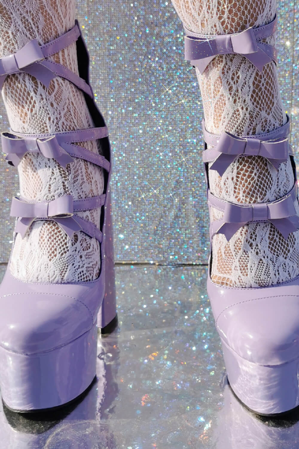 Lilac Patent Strappy Bow Round Toe Platform Mary Jane Heels