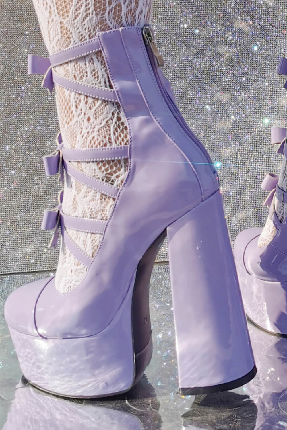 Lilac Patent Strappy Bow Round Toe Platform Mary Jane Heels
