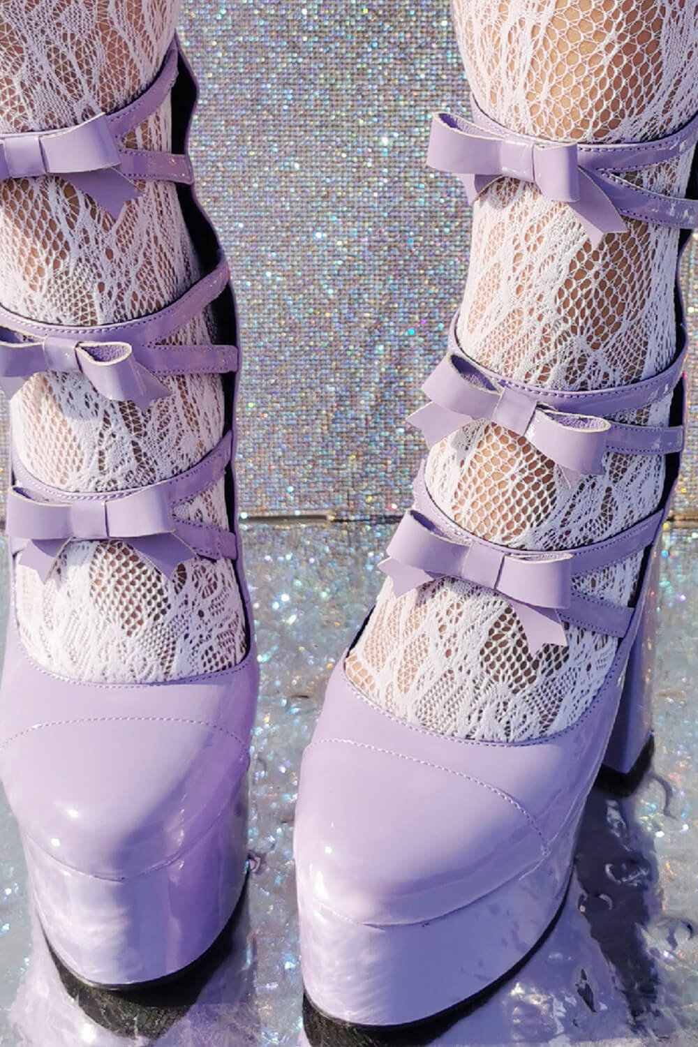 Lilac Patent Strappy Bow Round Toe Platform Mary Jane Heels