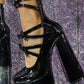 Black Patent Strappy Bow Round Toe Platform Mary Jane Heels