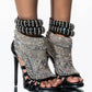 Rhinestone-Embellished Faux Leather Pointed Peep Toe Stiletto Heels - Black