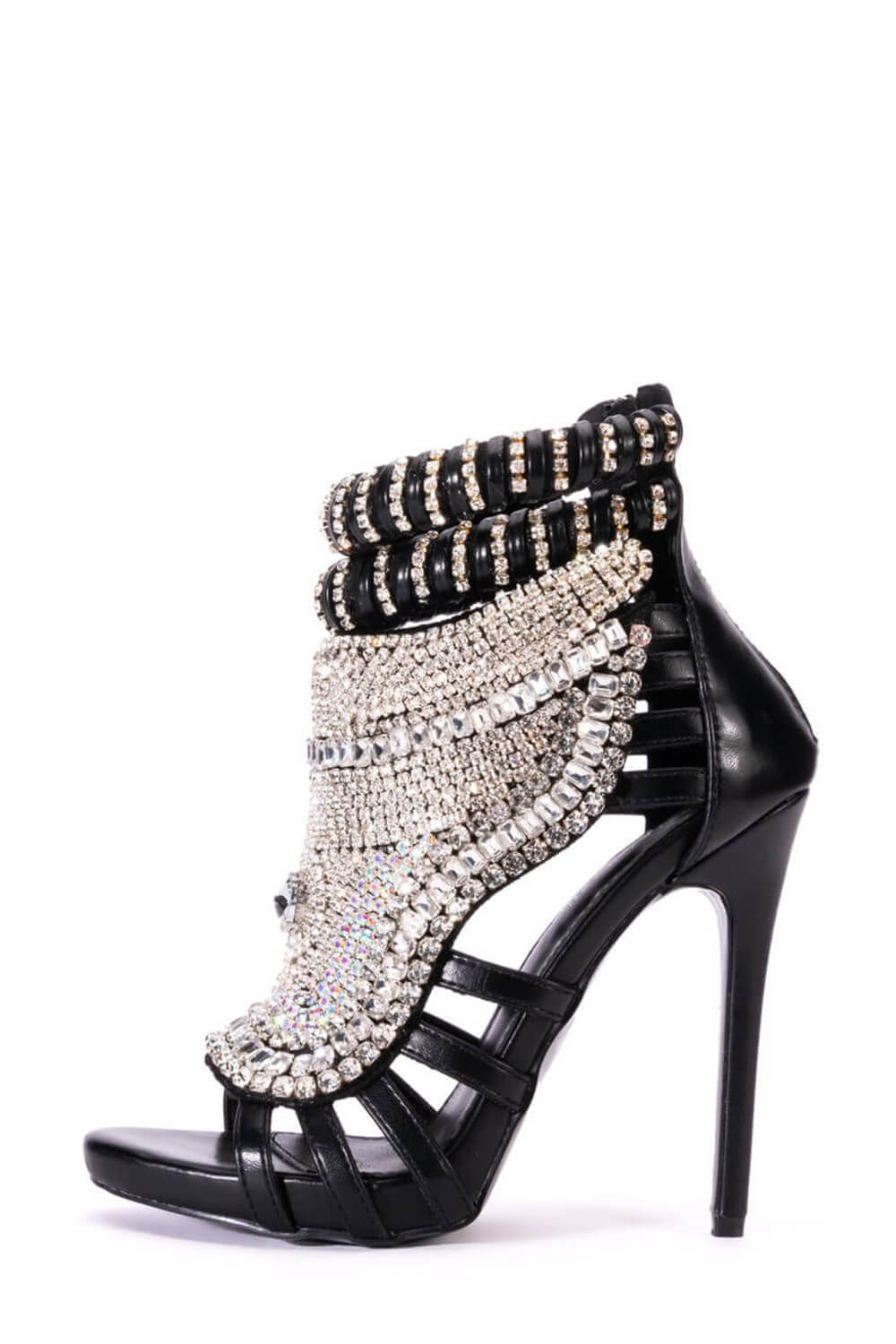 Rhinestone-Embellished Faux Leather Pointed Peep Toe Stiletto Heels - Black