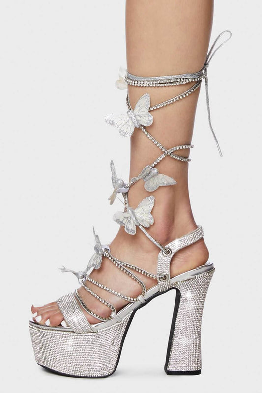 Glittery Rhinestone Butterfly Detailed Wrap Strappy Chunky Platform Lace Up Heels