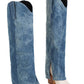 Denim Folded Pointed Toe Block Heel Knee High Boots