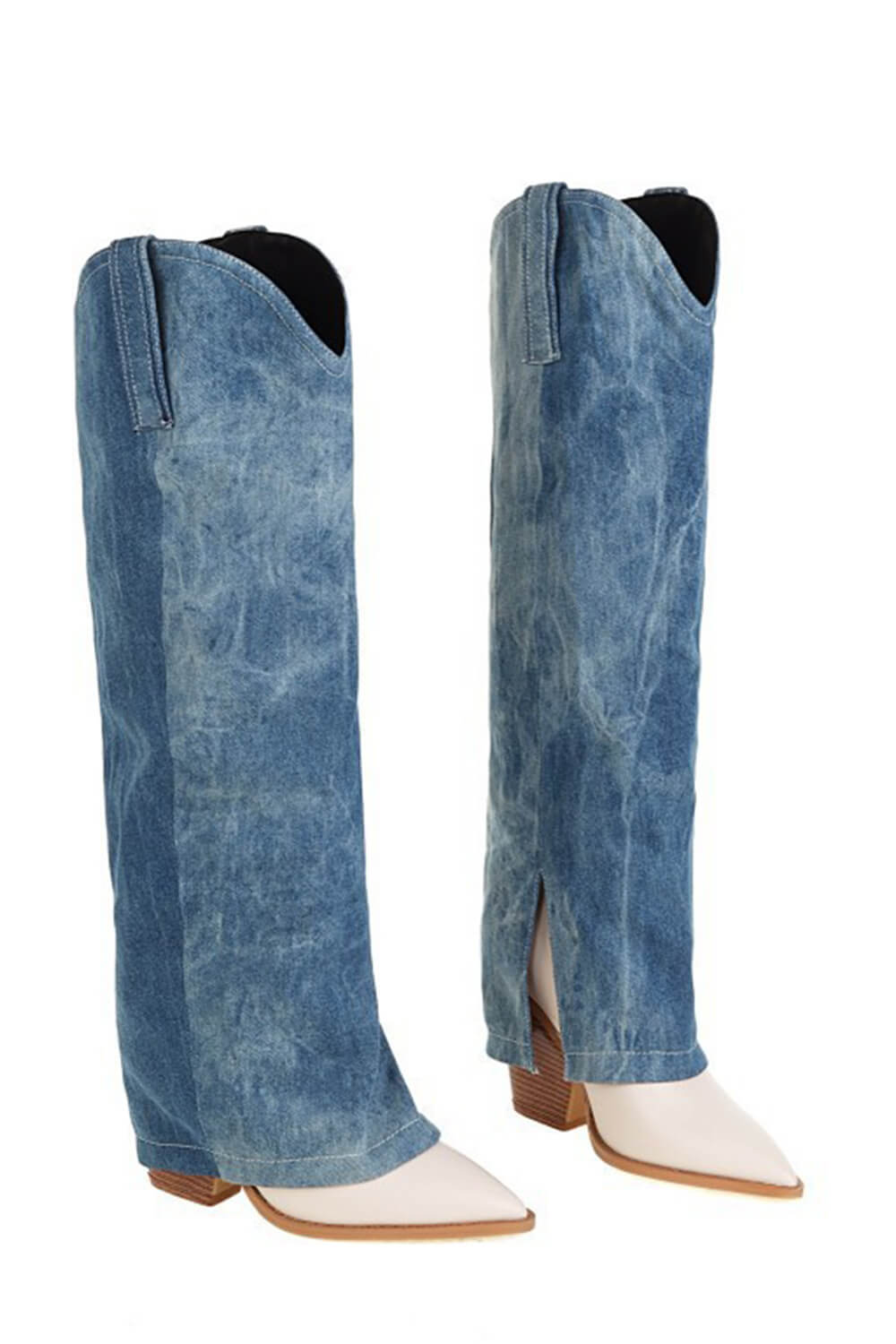 Denim Folded Pointed Toe Block Heel Knee High Boots