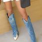 Denim Folded Pointed Toe Block Heel Knee High Boots