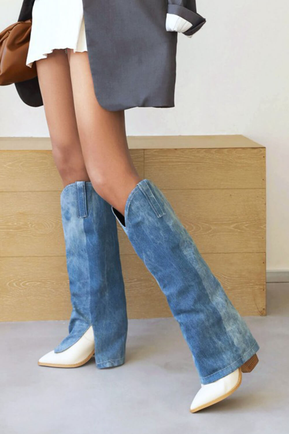 Denim Folded Pointed Toe Block Heel Knee High Boots