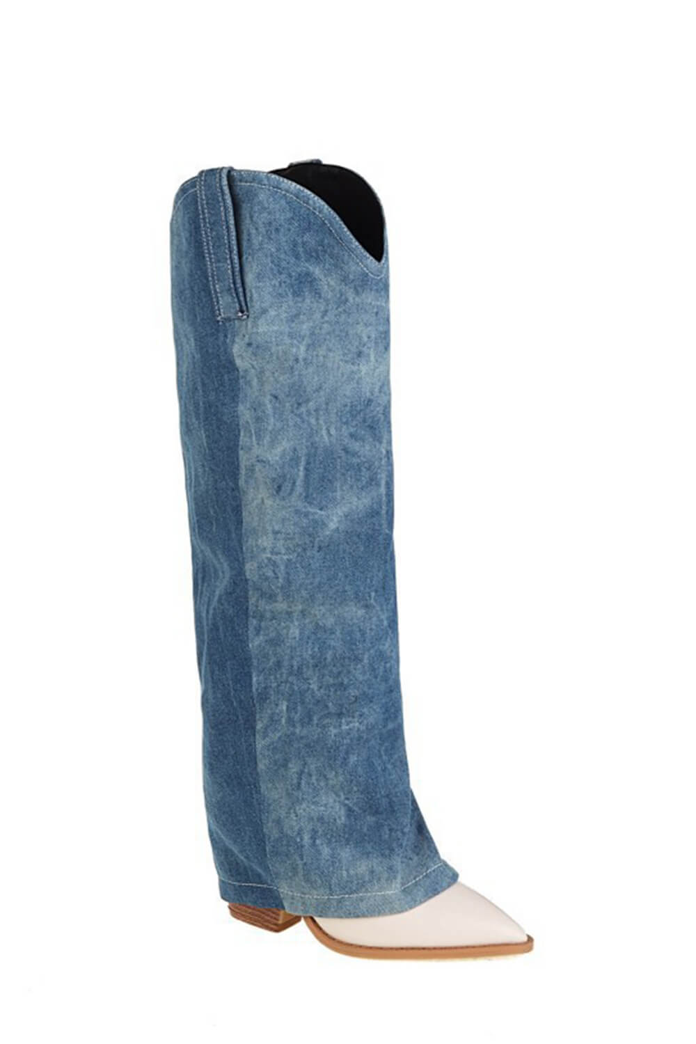 Denim Folded Pointed Toe Block Heel Knee High Boots