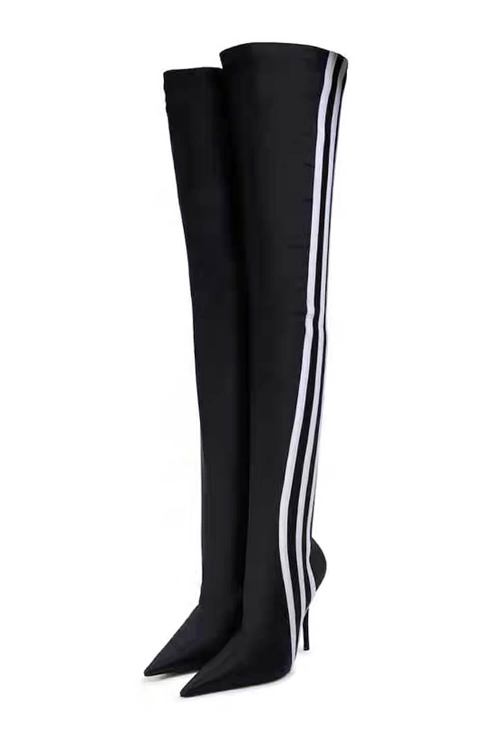 Striped Heeled Thigh High Sock Boots - Black