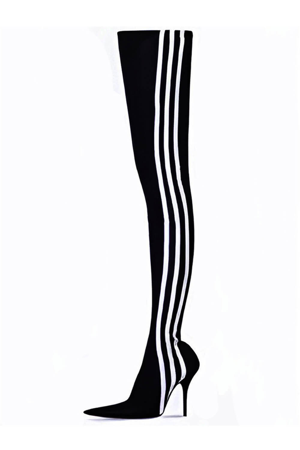 Striped Heeled Thigh High Sock Boots - Black