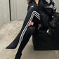 Striped Heeled Thigh High Sock Boots - Black