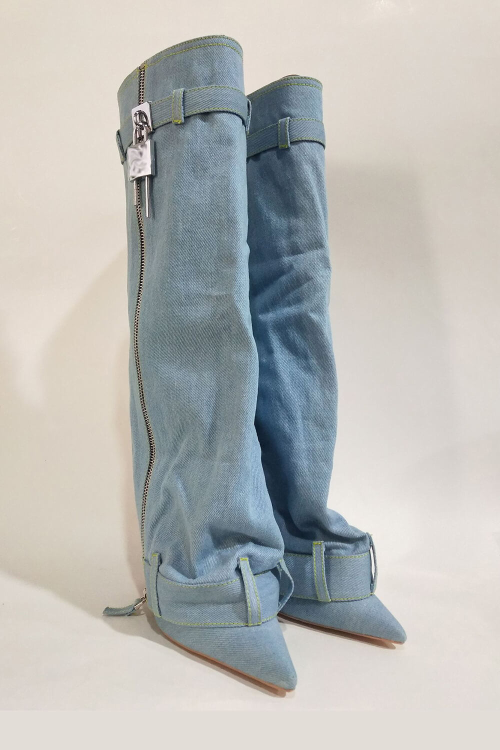 Wrapped Denim Padlock Detail Folded Pointed Stiletto Heel Knee High Long Chunky Biker Boots - Light Blue