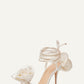 Flower Embellished Satin Lace Up Open Toe Stiletto Heels Sandals - Ivory