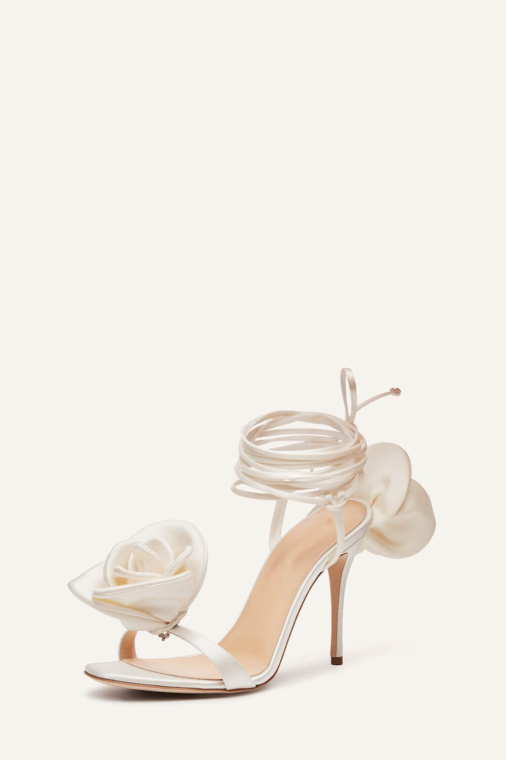 Flower Embellished Satin Lace Up Open Toe Stiletto Heels Sandals - Ivory