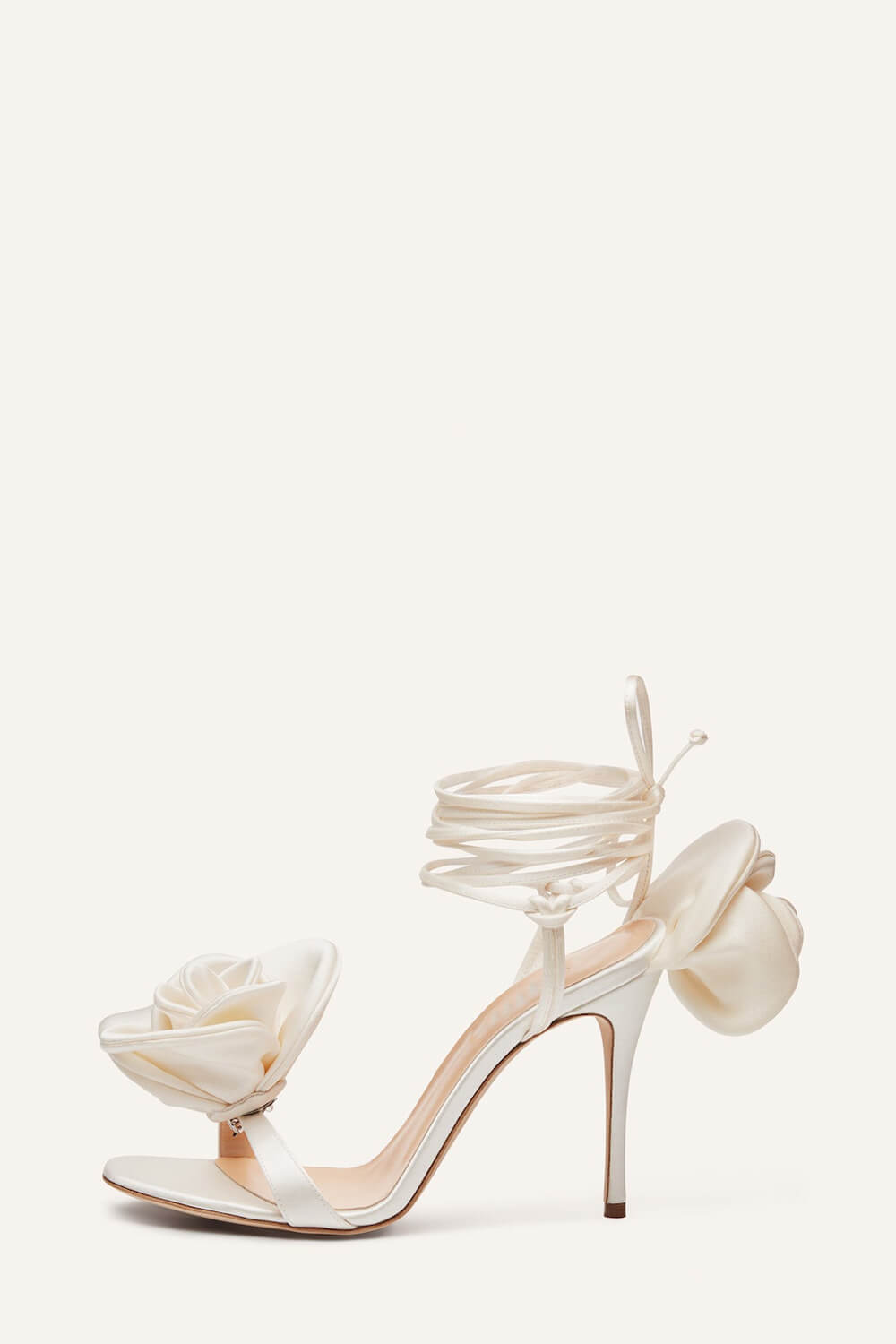 Flower Embellished Satin Lace Up Open Toe Stiletto Heels Sandals - Ivory