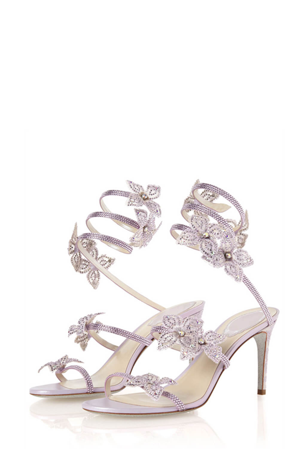 Crystal-Embellished Flower Snake Wrap Stiletto Sandals - Lilac