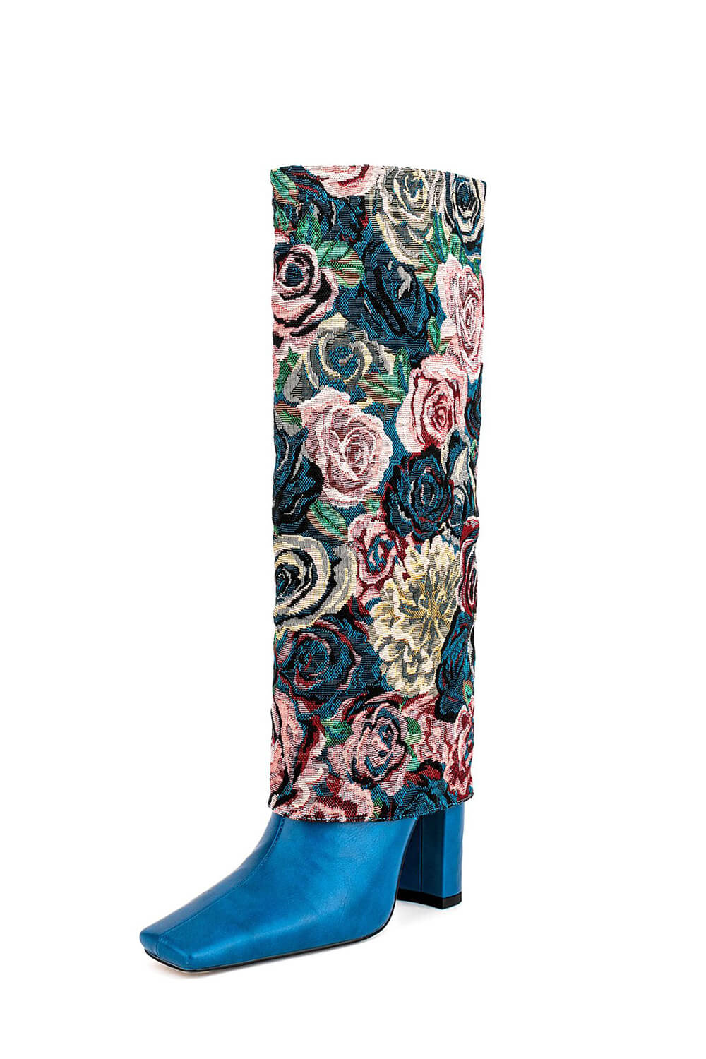 Blue Floral Folded Knee High Square Toe Block Heel Long Boots