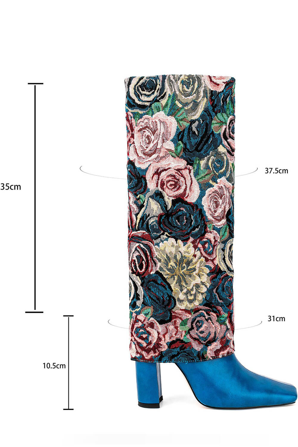 Blue Floral Folded Knee High Square Toe Block Heel Long Boots