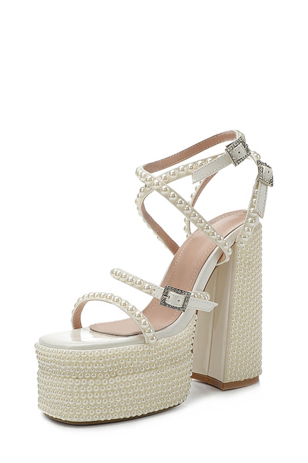 Pearls Embellished Strappy Diamante Buckle Square Toe Statement Platform Block Heel