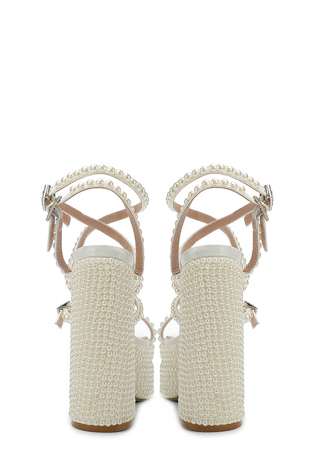 Pearls Embellished Strappy Diamante Buckle Square Toe Statement Platform Block Heel