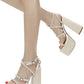 Pearls Embellished Strappy Diamante Buckle Square Toe Statement Platform Block Heel