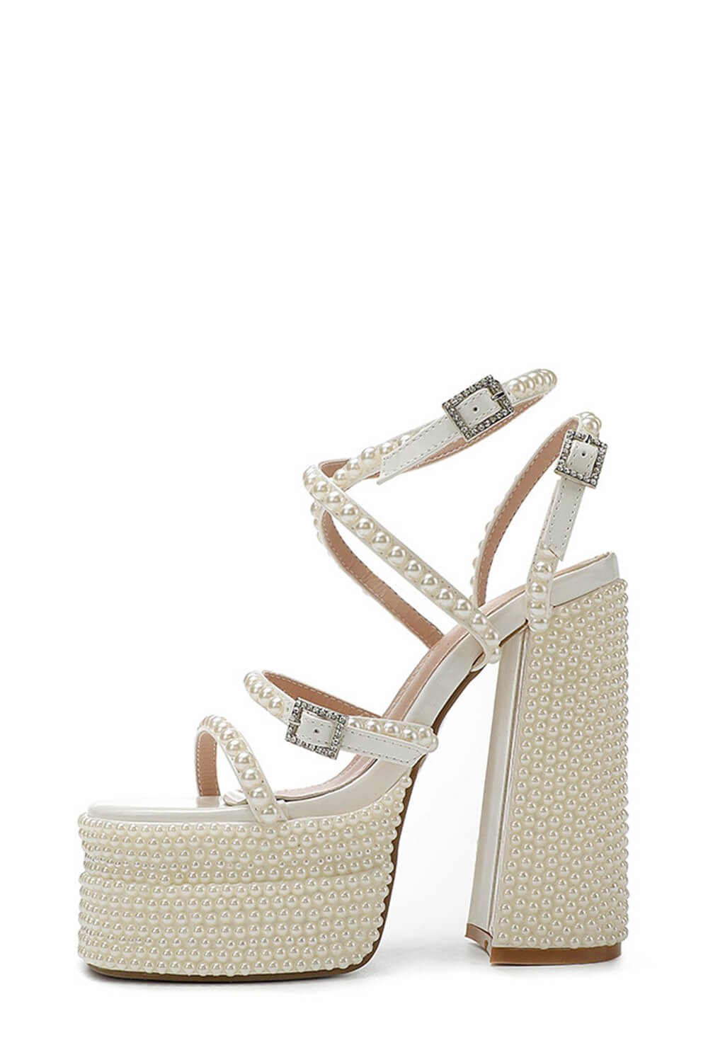 Pearls Embellished Strappy Diamante Buckle Square Toe Statement Platform Block Heel