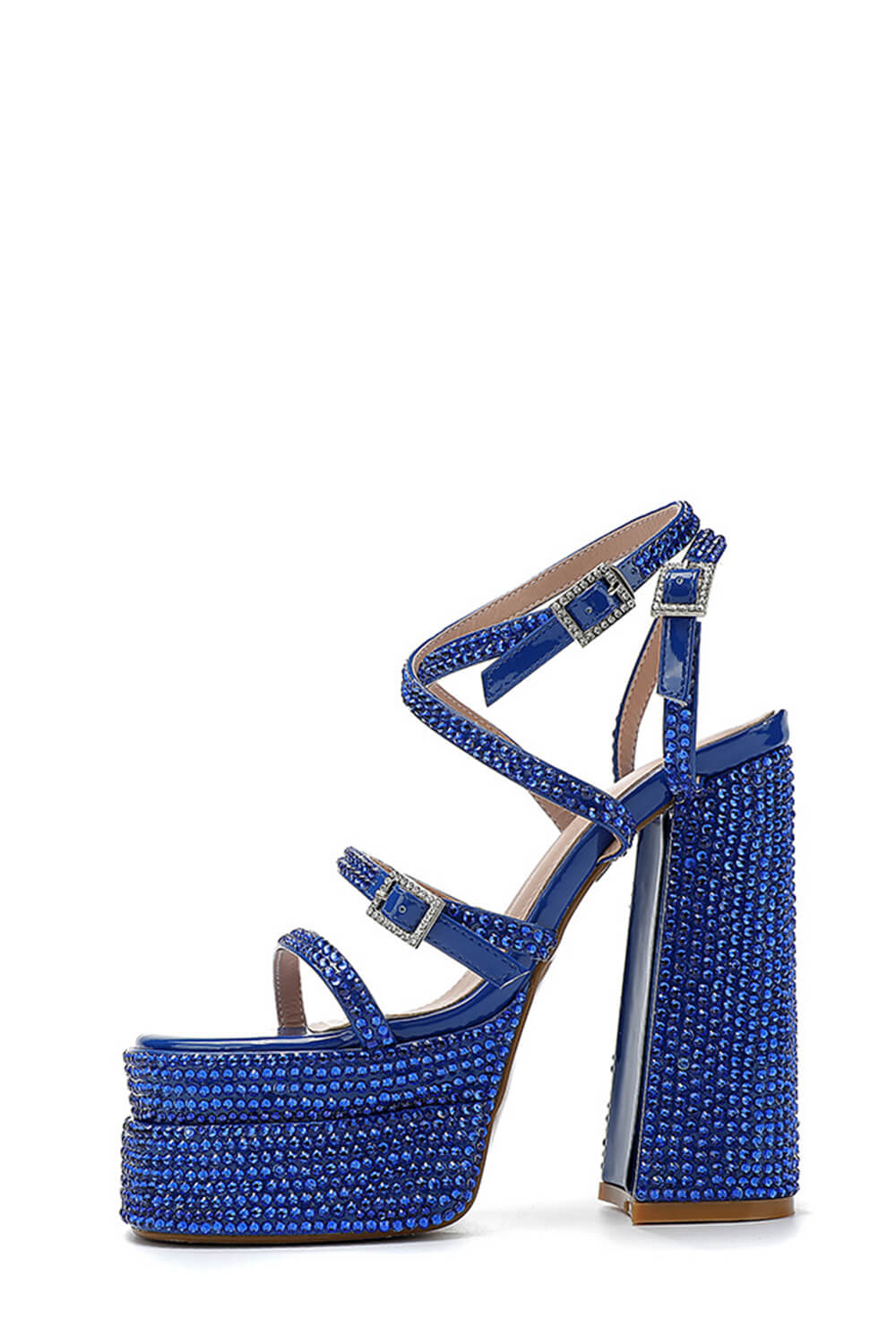 Blue Crystal-Embellished Strappy Diamante Buckle Square Toe Statement Platform Block Heel