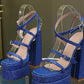 Blue Crystal-Embellished Strappy Diamante Buckle Square Toe Statement Platform Block Heel