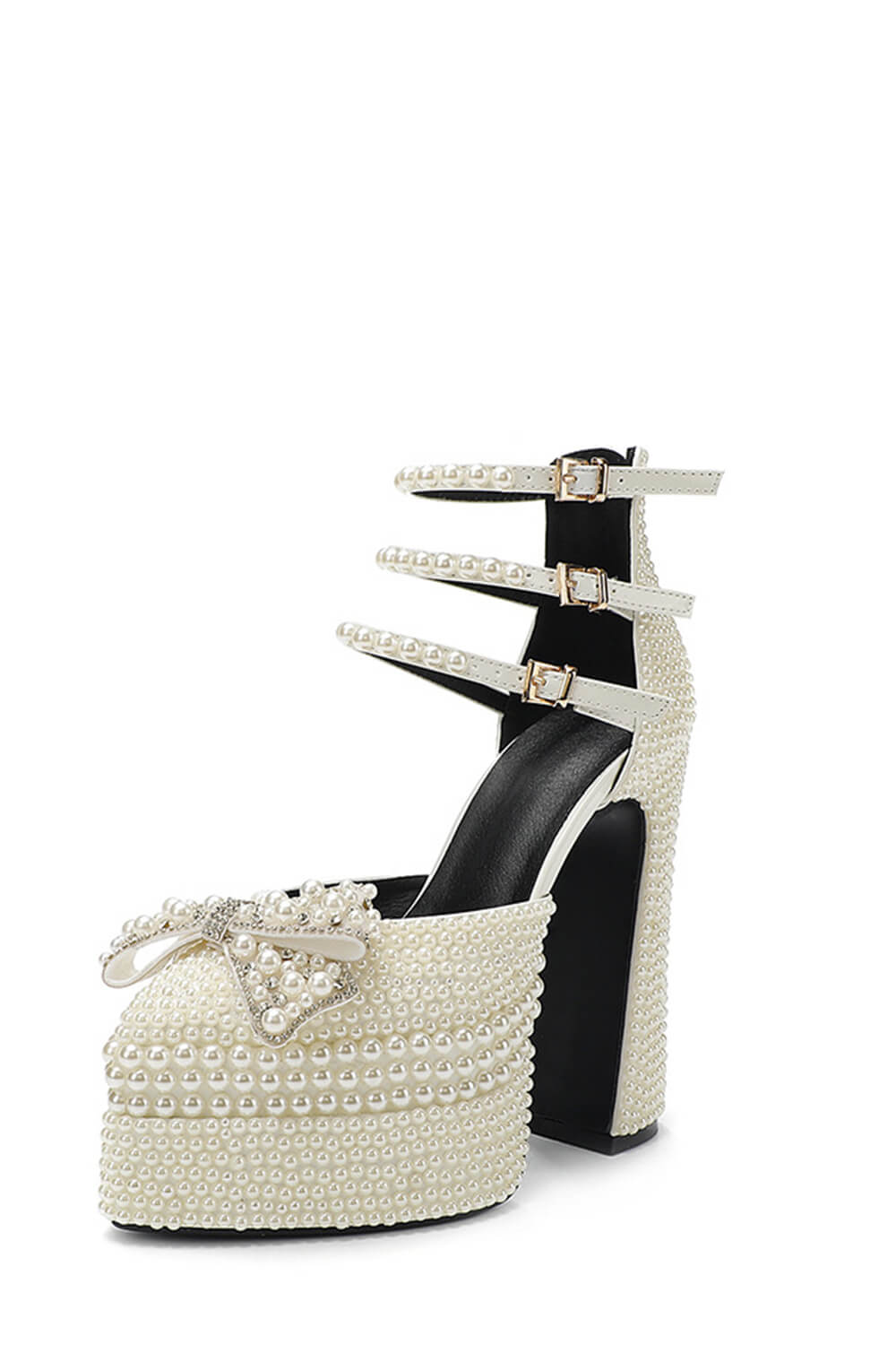 Pearls & Bow Embellished Double Platform Pointy Pumps With Triple Ankle Straps Detailing