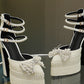 Pearls & Bow Embellished Double Platform Pointy Pumps With Triple Ankle Straps Detailing