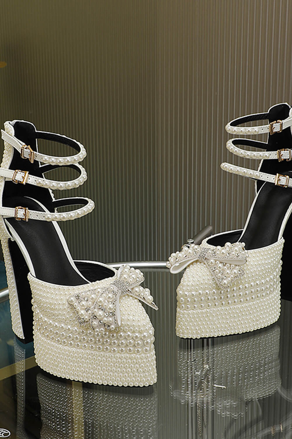 Pearls & Bow Embellished Double Platform Pointy Pumps With Triple Ankle Straps Detailing