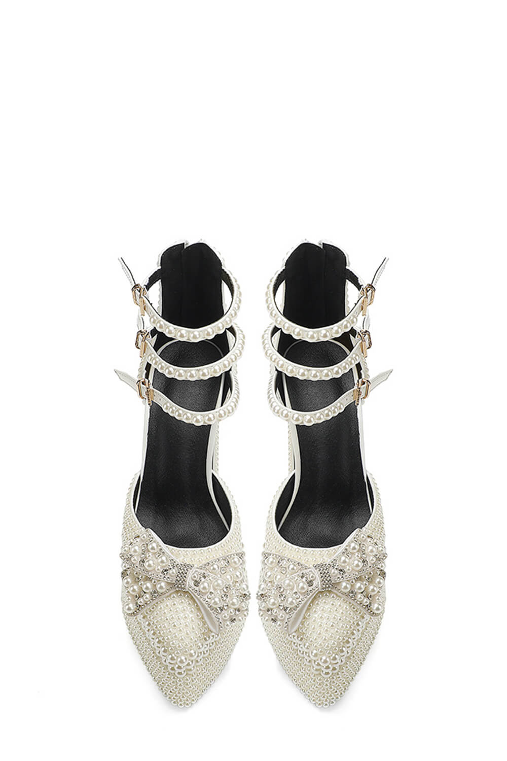 Pearls & Bow Embellished Double Platform Pointy Pumps With Triple Ankle Straps Detailing