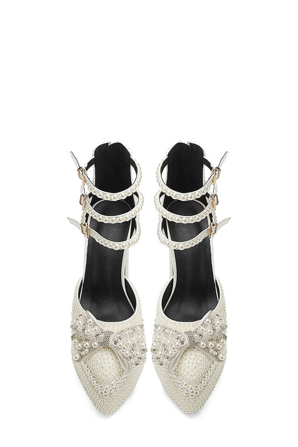 Pearls & Bow Embellished Double Platform Pointy Pumps With Triple Ankle Straps Detailing