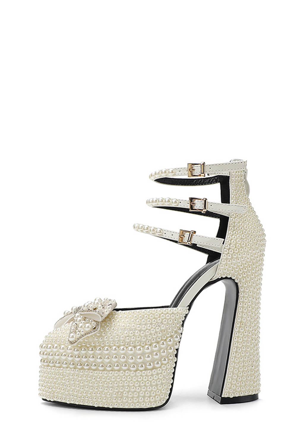 Pearls & Bow Embellished Double Platform Pointy Pumps With Triple Ankle Straps Detailing