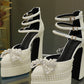 Pearls & Bow Embellished Double Platform Pointy Pumps With Triple Ankle Straps Detailing