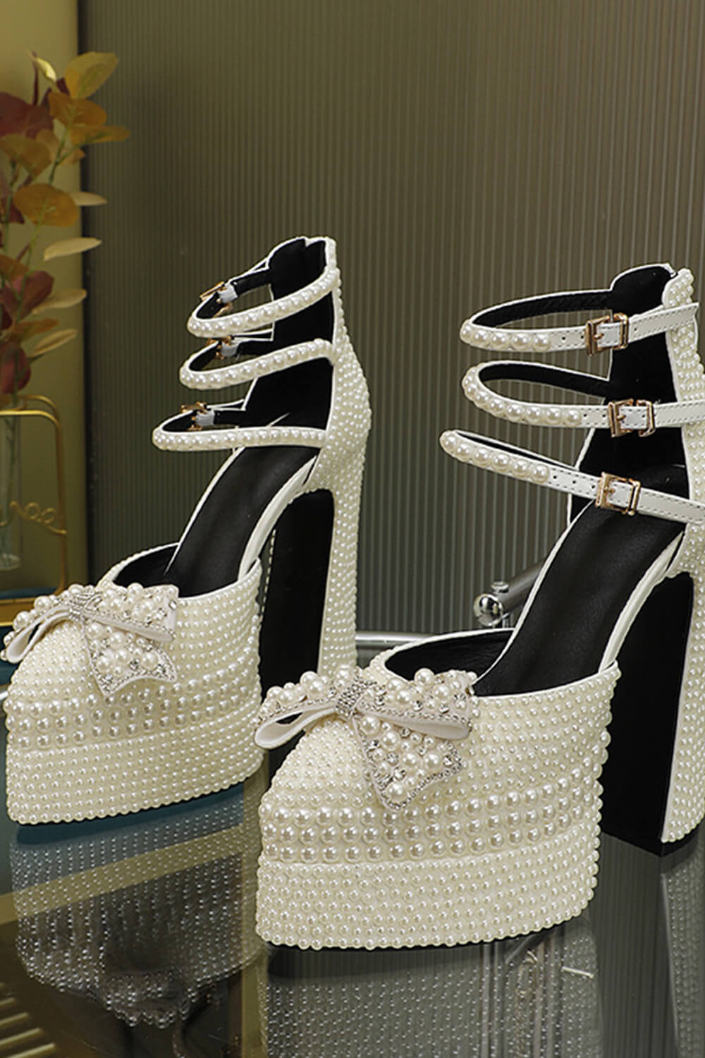 Pearls & Bow Embellished Double Platform Pointy Pumps With Triple Ankle Straps Detailing