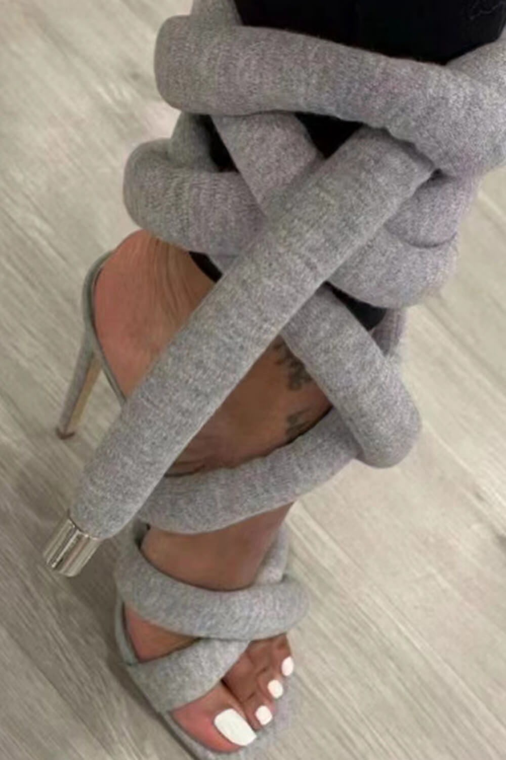 Grey Jersey Knit Lace Up Square Toe?Ankle Stiletto Heels